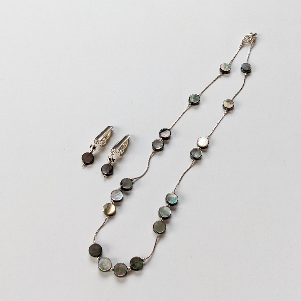 Iridescent Bead And Silver Necklace And Earrings Set